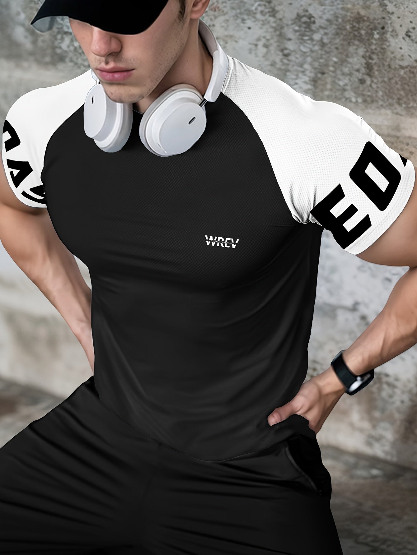 Men's Quick-Dry Breathable Mesh Sports T-Shirt - Summer Gym Workout Top with Contrast Black & White Sleeves & for Man Letter Print, Slim Fit for Running Training Casual Wear, Breathable Running Gear | Sporty Casual Tee | Mesh
