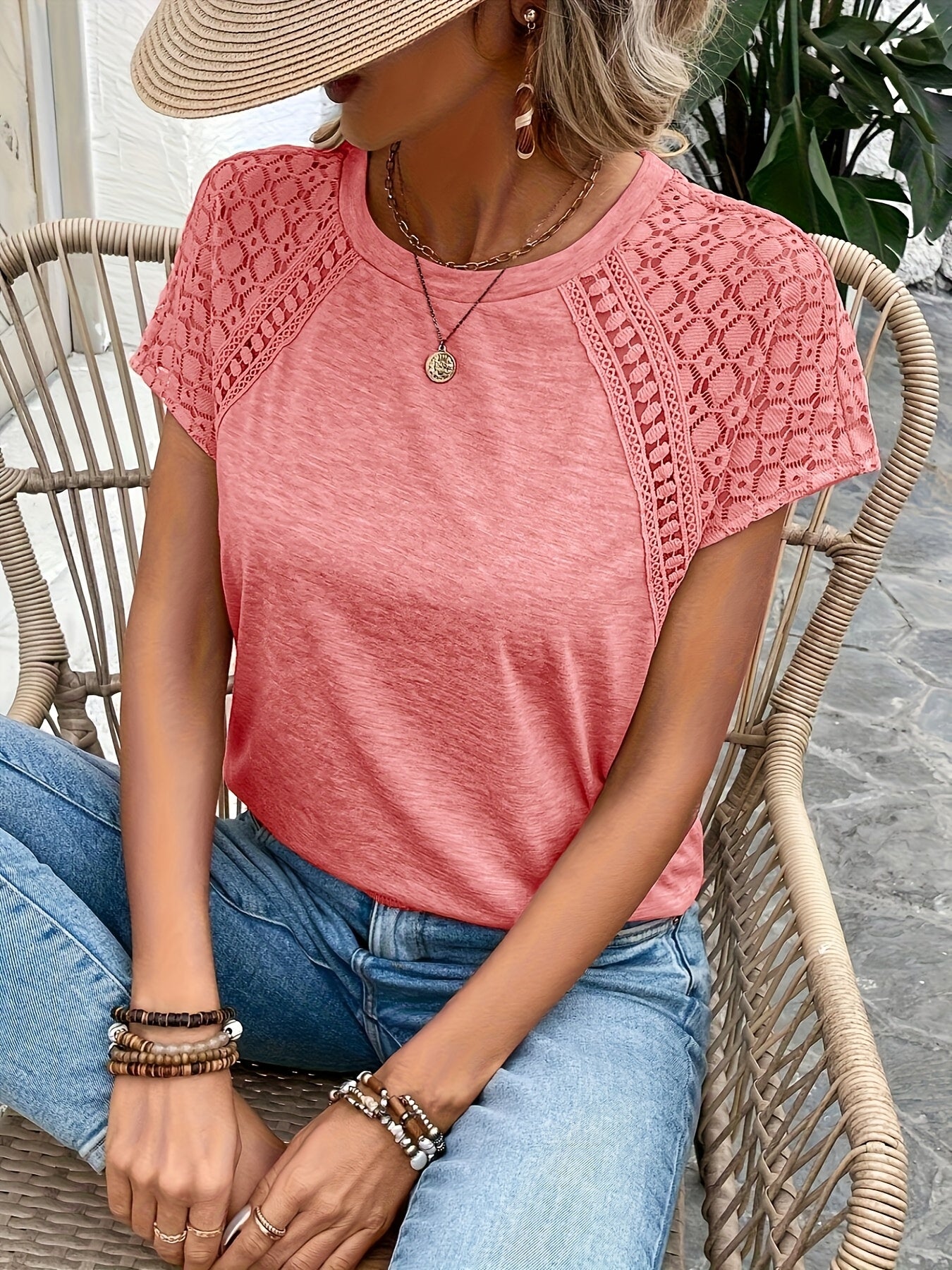 Women's Elegant Solid Color Lace Sleeve T-Shirt - Summer Casual Chic Blouse with Breathable Fabric, Machine Washable, Versatile for Casual & Formal Outfits, Cropped Tee Style | Soft Texture Top, Ladies T Shirts