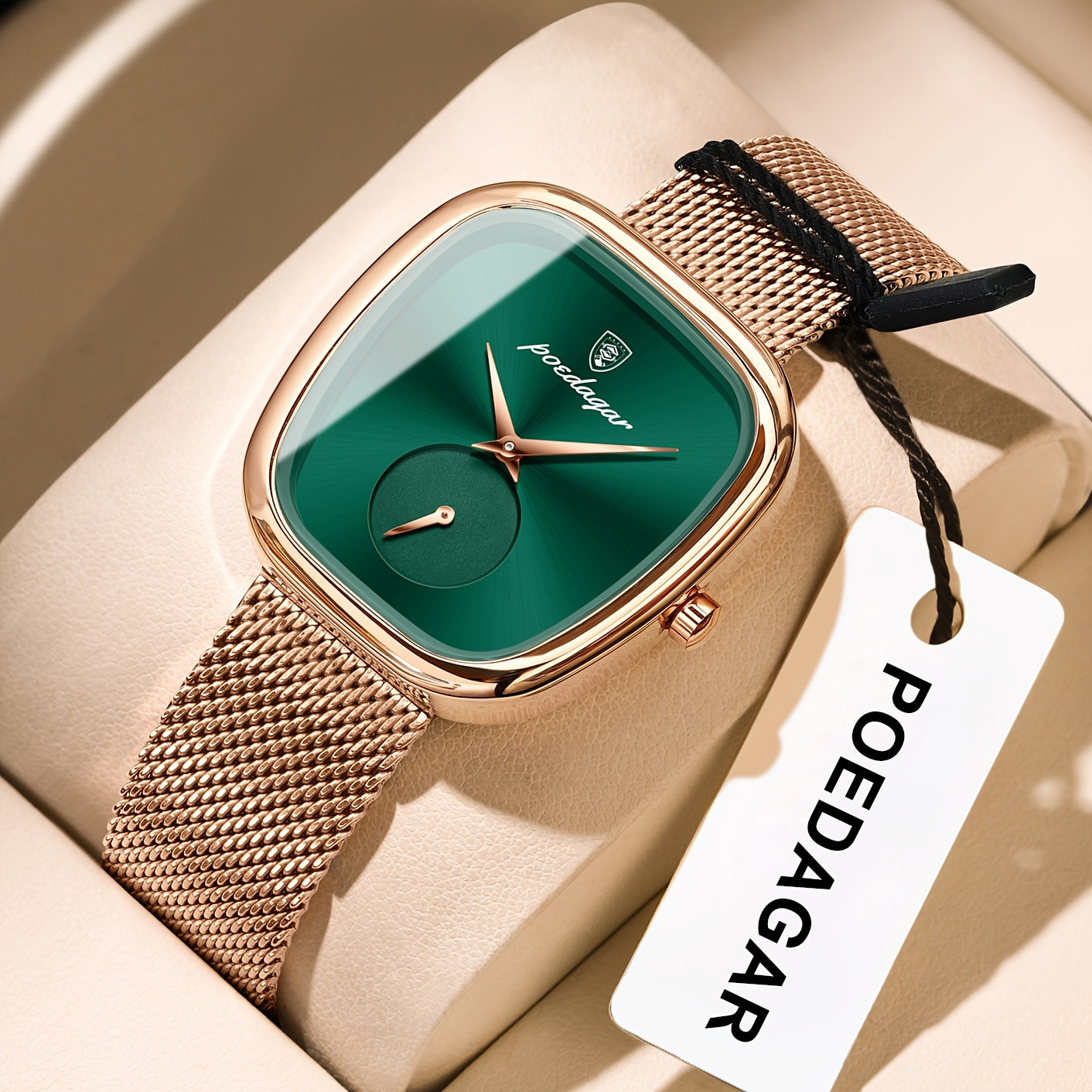POEDAGAR Elegant Women's Quartz Watch - Waterproof, Stainless Steel Mesh Band, Rose Golden Square Dial, Black Strap, Perfect for Parties & Casual Attire, Stylish Timepiece | Elegant Design | Mesh Strap Watch, Watch Accessorie