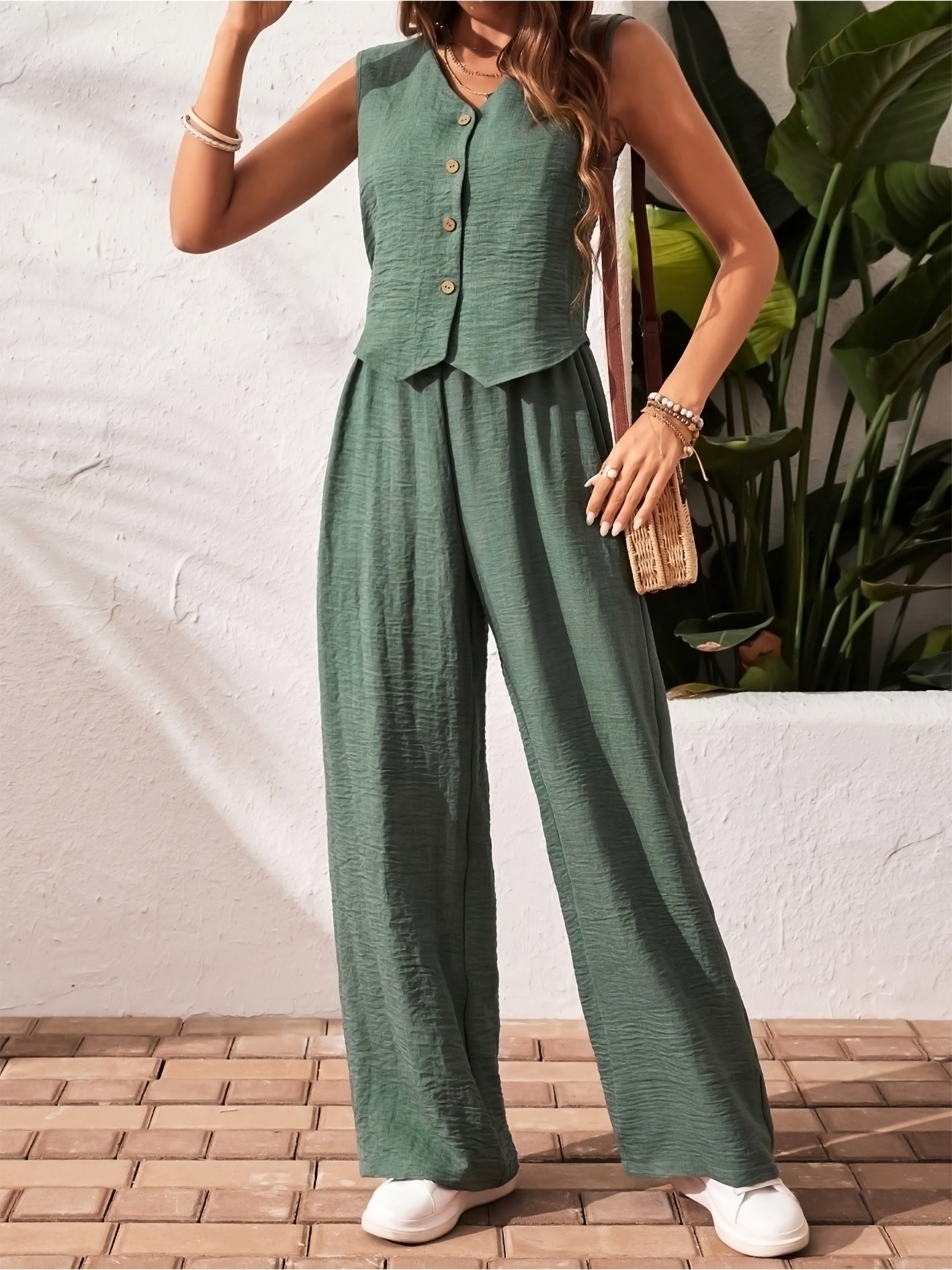 Women'S Elegant Solid Color Sleeveless V-Neck Two-Piece Set - Casual Summer Jumpsuit with Button Placket, Wide Leg Pants, and Beige Wedge Sandals, Casual Attire|Vneck Jumpsuit|Elegant Jumpsuit