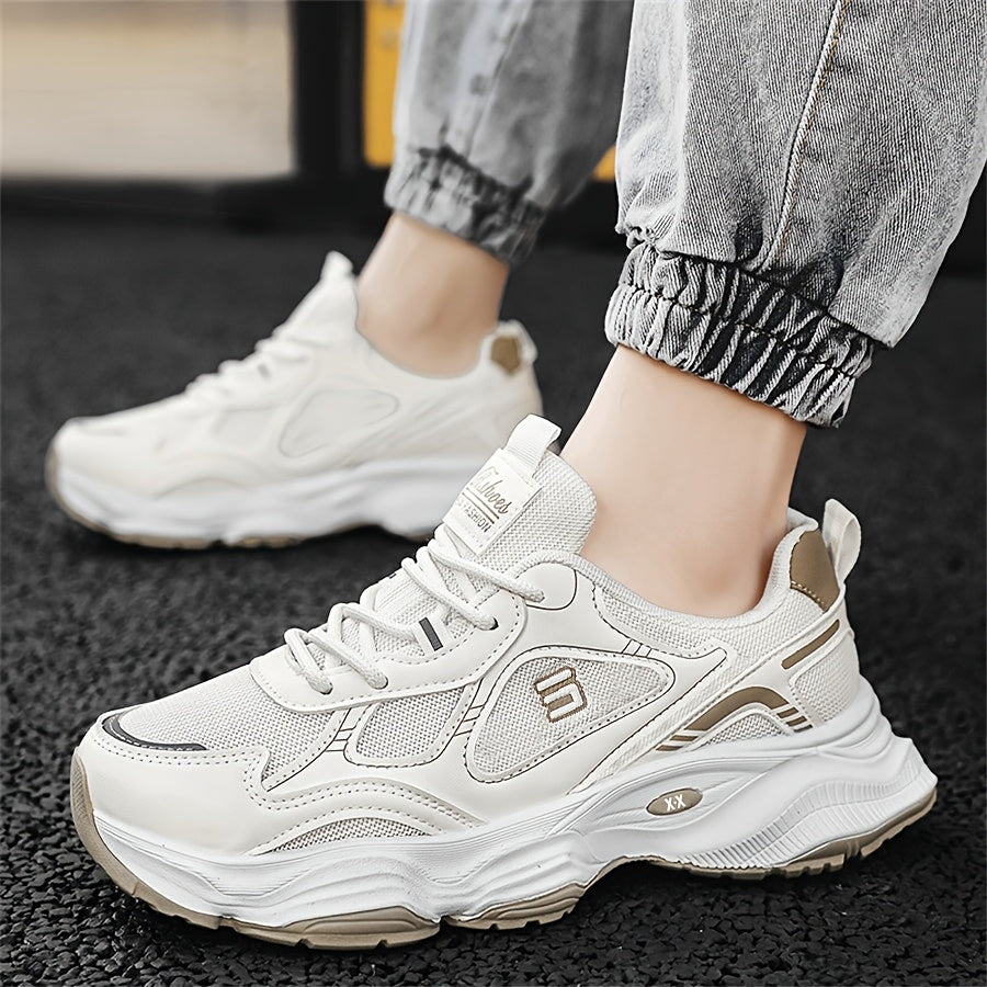 Men'S 2025 New Fashionable Low-Top Sneakers with Thick Sole - Non-Slip, Outdoor Casual Shoes for Teenagers and Young Adults, White and Golden Accents, All-Season Comfort, Casual Footwear | Modern Sneaker Design | Rubber Base