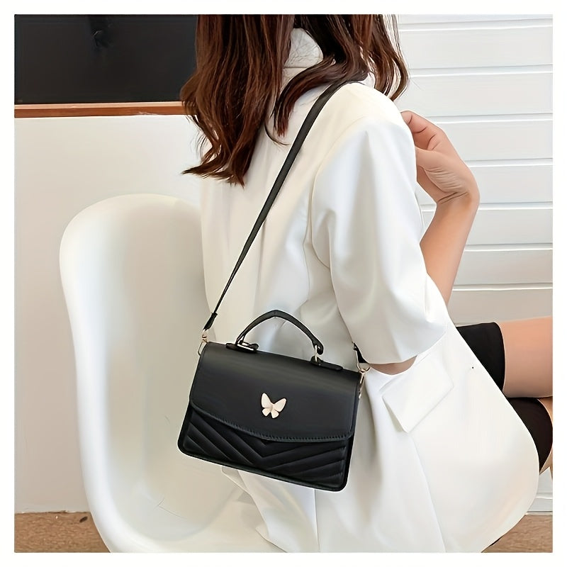 Elegant Women's Crossbody Bag with Butterfly Embellishment - Quilted Black Synthetic Leather Handbag, Magnetic Closure & Adjustable Strap, Compact Everyday Shoulder Bag for Women, Crossbody Purse, Sophisticated Accessory