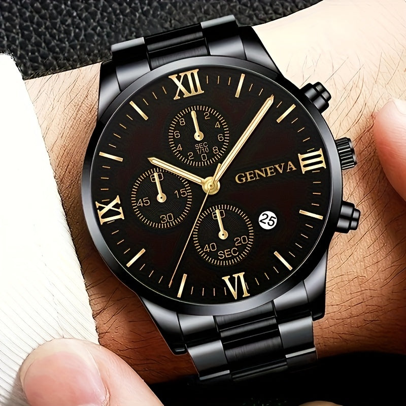1pc Men's Stylish Black Quartz Watch with Stainless Steel Band - Elegant Roman Numerals, Date Display, and Golden Accents - Perfect Gift for Christmas, Thanksgiving, Valentine's Day - Ideal for Him or Family, Date Feature Wat