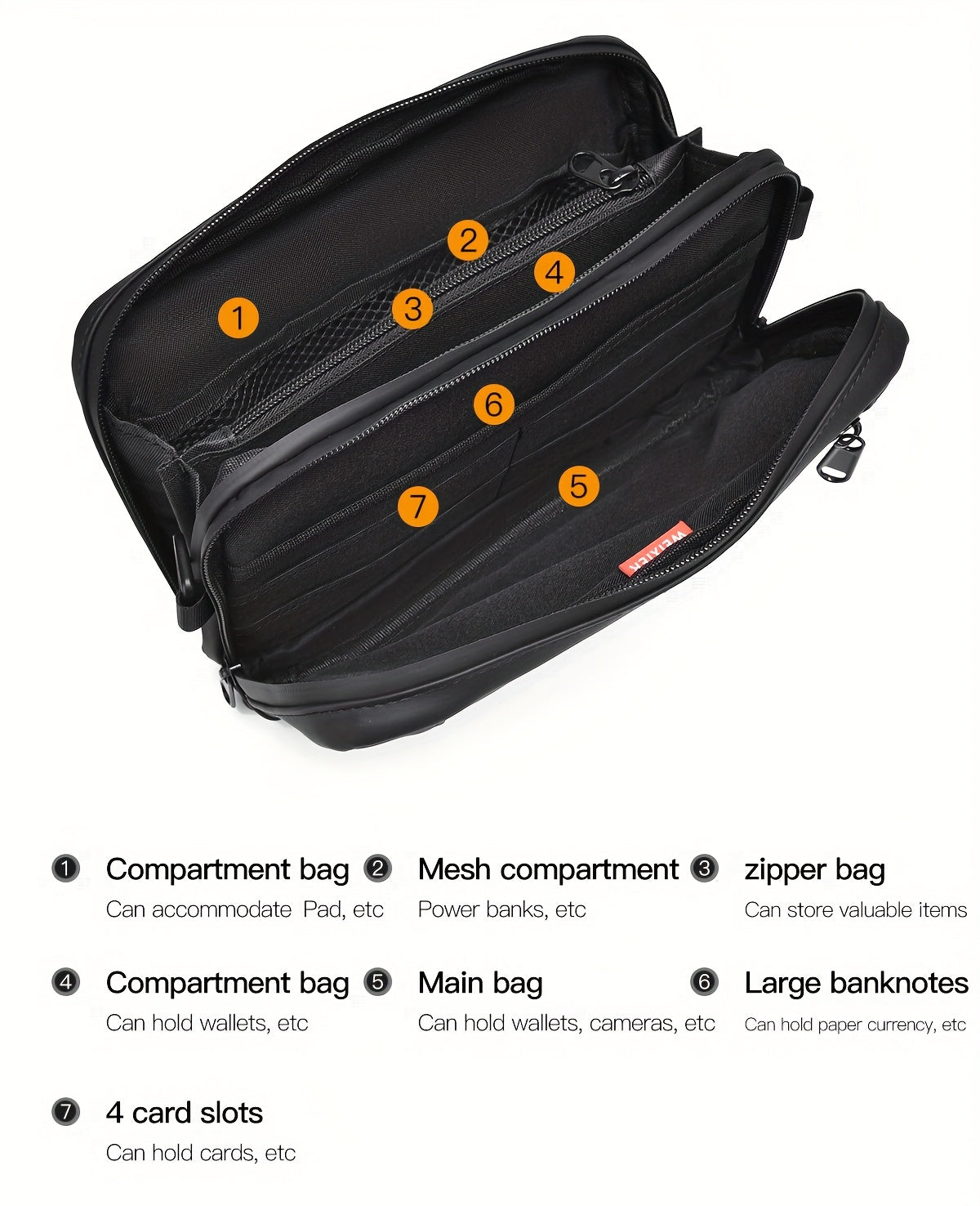 WEIXIER Men's Casual Nylon Handbag - Large Capacity with Adjustable Wrist Strap, Sleek Black for Daily Use, Valentine's Day Gift for Him, Outdoor Bag | Casual Style | Nylon Material