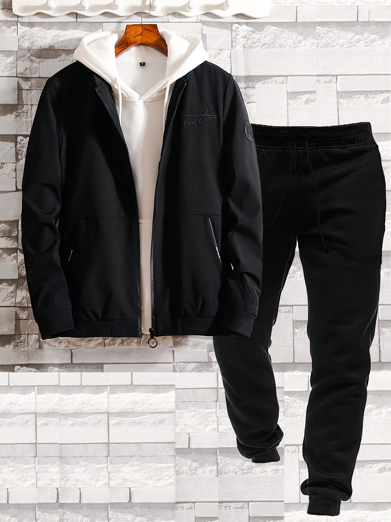 2pcs Men's Classic Bomber Jacket & Jogging Pants Set - Sleek Black with Letter Embroidery, Elastic Cuffs & Waistband, Durable Polyester, Perfect for Outdoor Activities & Casual Wear, Jogging Suits