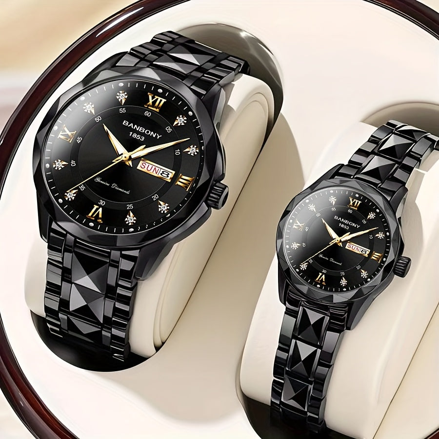 2pcs Couple Watch BANBONY Brand Trendy Fashion Men's and Women's Quartz Watch Stainless Steel Strap with Rhinestone Luminous High-definition Disc Waterproof Night Light Display Week Calendar Display Wristwatch Holiday Gift fo