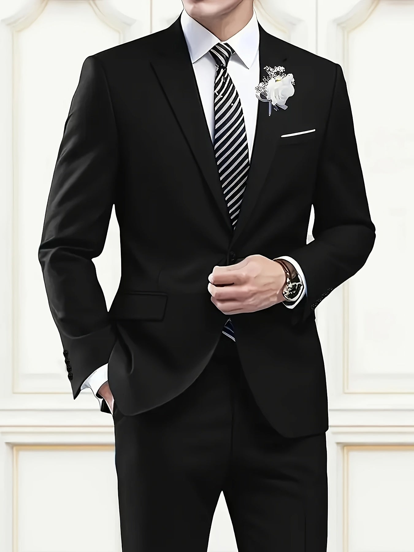 Men's Two-Piece Suit in Solid Color with Sealed Pockets, Regular Fit Suit Pants, Elegant and Classic, Suitable for Business and Wedding Parties