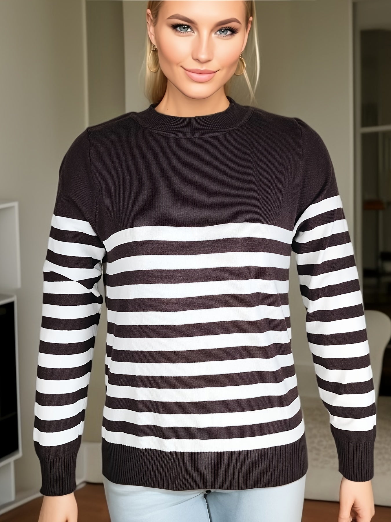 Striped Crew Neck Pullover Sweater, Casual Long Sleeve Versatile Sweater, Women's Clothing