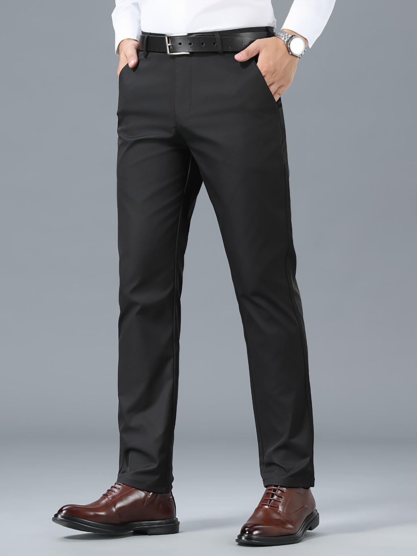 Men'S Classic Black Dress Pants - Stretchy Polyester, All-Season Comfort Fit, Regular Length, Solid Color, Allseason Pants | Stylish Dress Pants | Comfortable Fit Pants