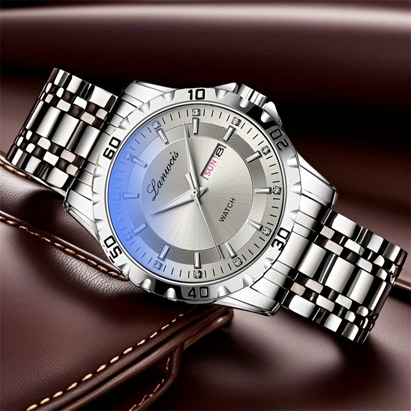 Luxury Men'S Quartz Watch - Sleek Round Dial with Dual Calendar, Luminous, Waterproof, Stainless Steel Band - Ideal Business Gift, Business Gift Watch|Minimalist Timepiece|Luminous Watch Face, Watch Accessories