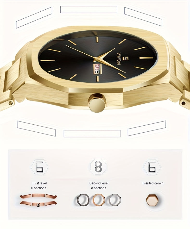 1pc Men'S Luxury Business Style Watch - Blue & Golden Stainless Steel, 42mm, Dual Calendar Quartz Movement, VA VOOM Brand, Outdoor Sports & Leisure Gift, Outdoor Sports Watch | Elegant Watch Design | Quartz Watch Movement, Lu