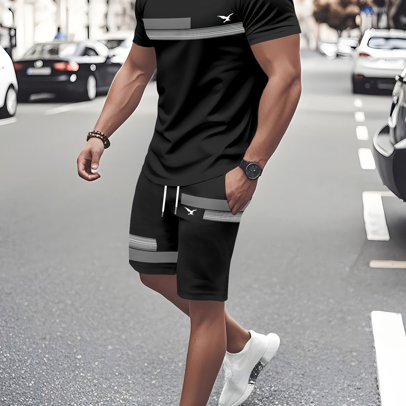 Men'S Casual Summer Two-Piece Athletic Wear Set - Light Blue T-Shirt with Green & White Stripes, Matching Shorts, Perfect for Daily Leisure, Vacation, and Sports, Casual Sportswear | Relaxed Fit Shorts | Stretchable Fabric