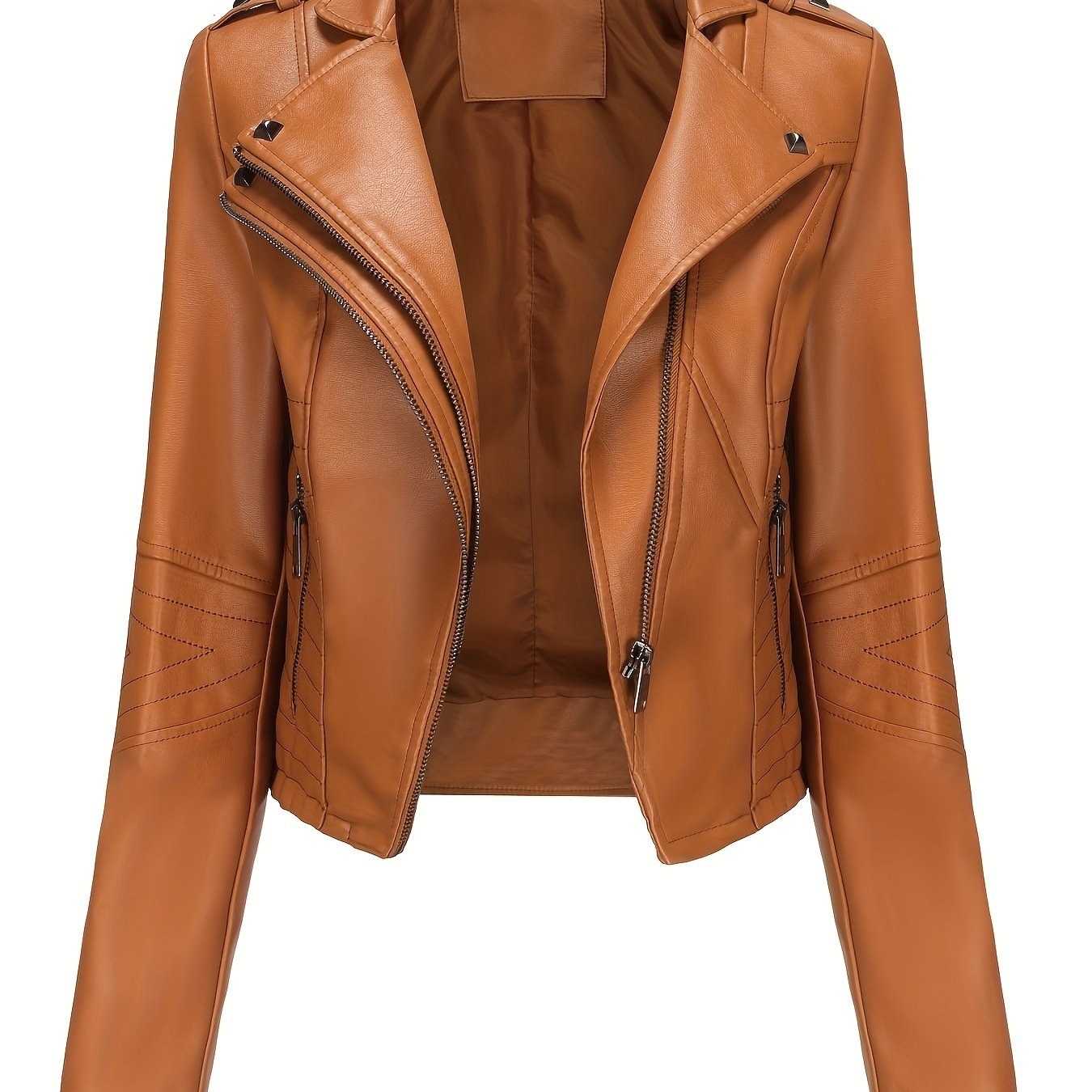 Women'S Casual Faux Leather Jacket, Solid Color, Long Sleeve, Regular Length, Fall/Winter, Zipper Placket, Woven, Non-Stretch Fabric, 100% Polyurethane, Lapel Collar, Dipped Hem Detail