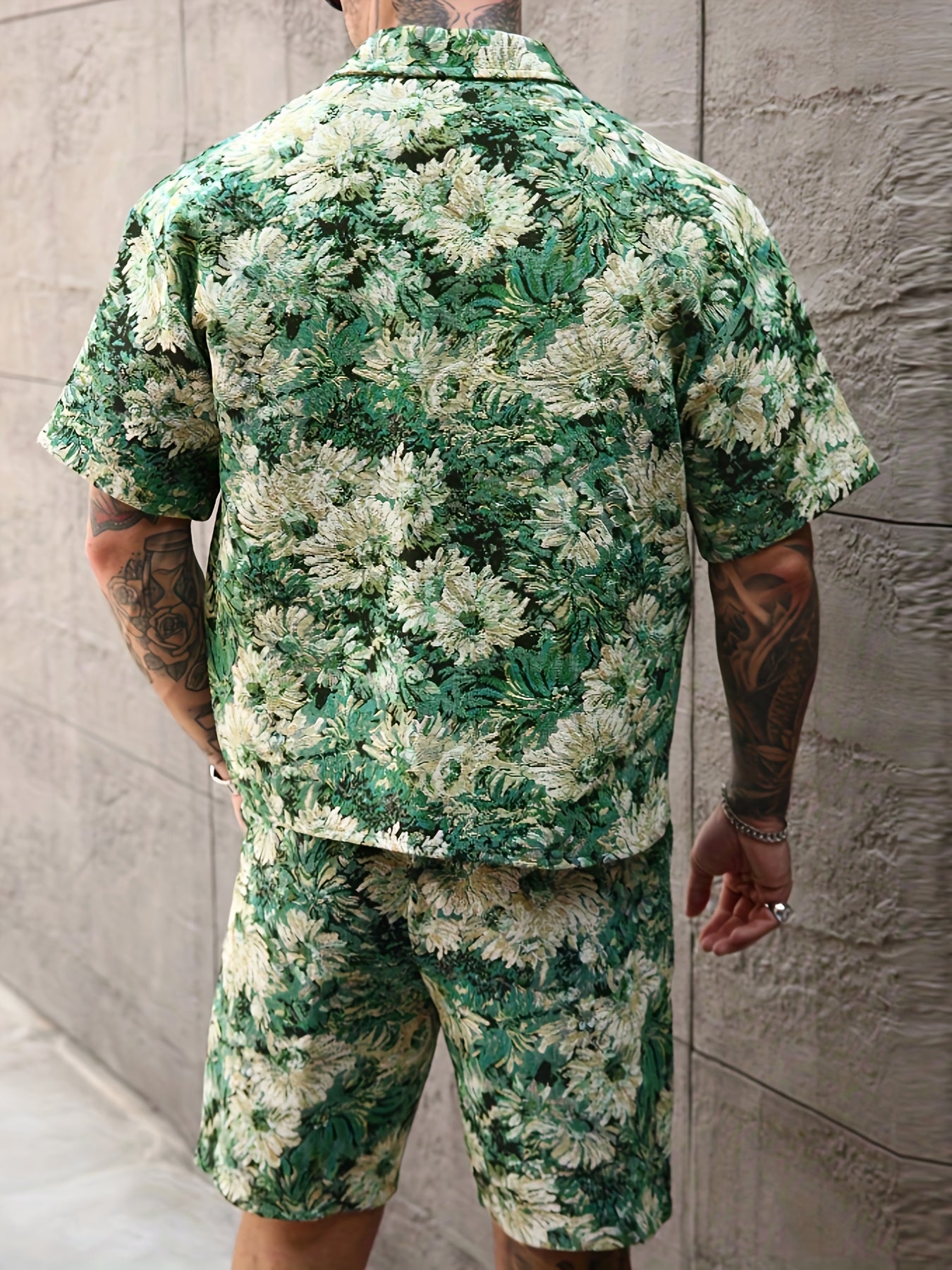 Men'S Summer Casual Short Sleeve Shirt & Shorts Set - Tropical Print, Loose Fit, Button-Up with Collar, Lightweight Polyester Fabric for Outdoor & Leisure Activities, Summer Casual Wear | Tropical Print Shirt | Lightweight Fa