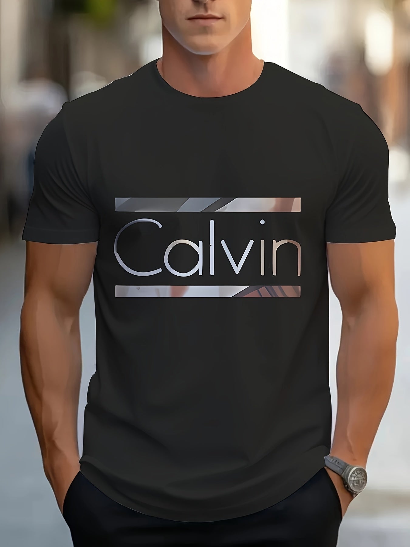 Men'S "Calvin" Graphic T-Shirt - Casual 3D Print Letter Tee with Geometric Design, Short Sleeve, Round Neck, Light Blue, Perfect for Summer, Everyday & Sportswear, Casual Wear Tee | Modern Casualwear | Comfortable Fit