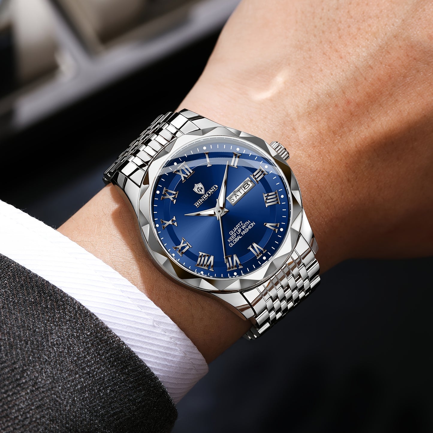 BINBOND Men'S Quartz Watch - Waterproof, Stainless Steel, Luxury Business Style with Stopwatch & Date Display, Blue & Silvery Dial, Electronic Movement, IP67 Rating, Elegant Male Wristwatch for Professional or Casual Wea
