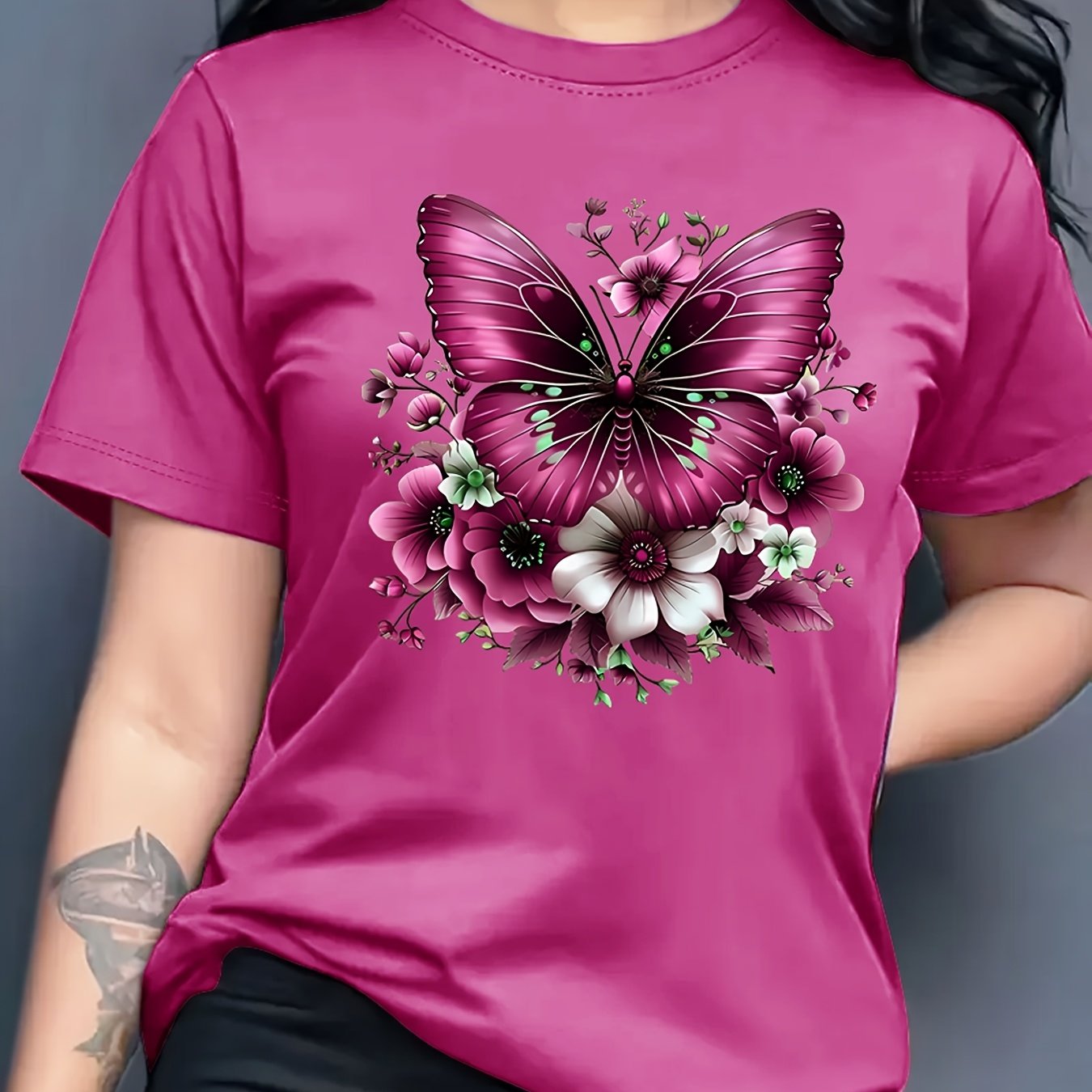 Women'S Floral Butterfly Print T-Shirt, Short Sleeve Crew Neck Casual Top for Spring & Summer, Vibrant Green with White & Blue Flowers, Perfect Birthday or Holiday Gift, Everyday Fashion | Vibrant Casual Top | Glossy Texture