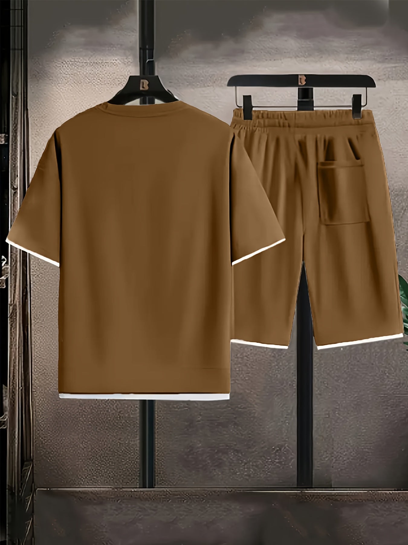 Waffle Grid Men's Trendy Round Neck T-shirt Breathable Casual Sports Suit Loose Two-Piece Set