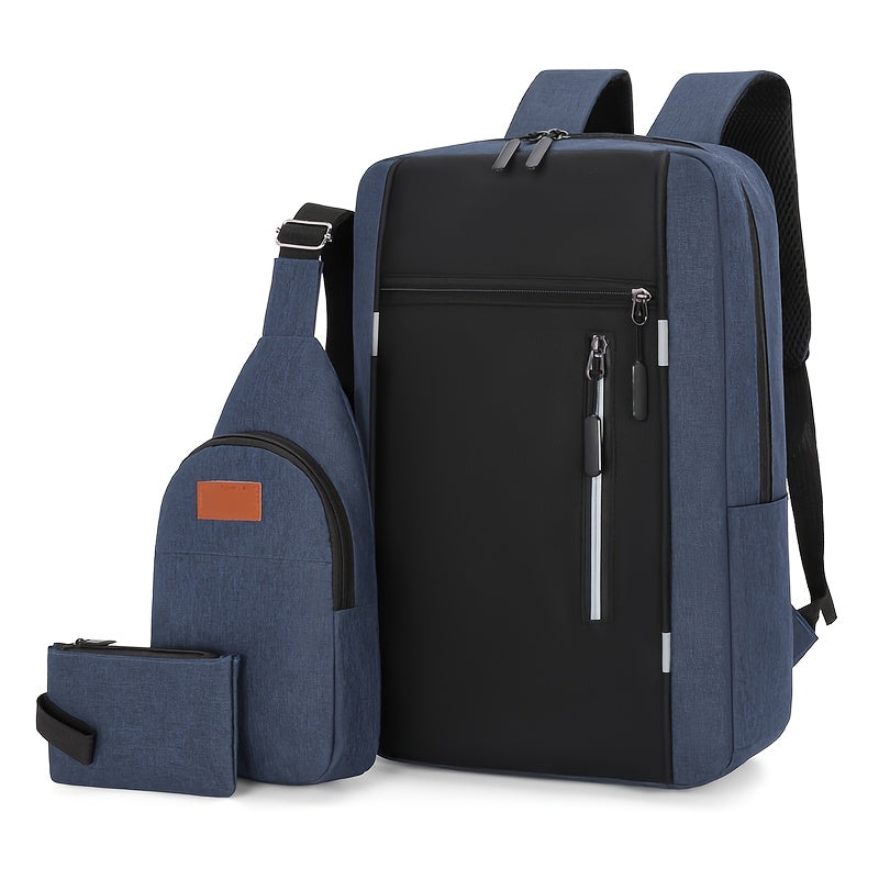 Three-Piece Set: Laptop Bag, Chest Bag, Wallet - Multi-Layer Oxford Fabric Adjustable Shoulder Backpack with Reflective Strip Design, Breathable Wide Strap Large Capacity Casual Storage Bag for Men, Suitable for Daily Commute