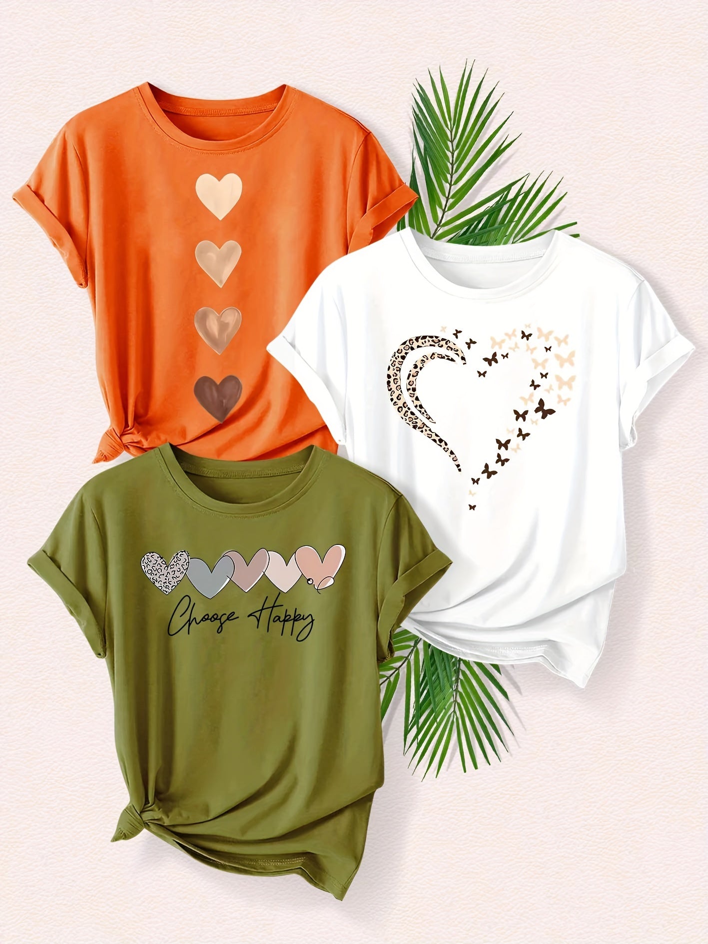 Leopard Print Small Butterfly Love Hearts in Pairs with English Letter Pattern Printed Fashion Retro Style Women's Spring, Autumn and Winter Casual Sports Top Round Neck Short Sleeve T-shirt 3pcs Combination Pack Family Pack