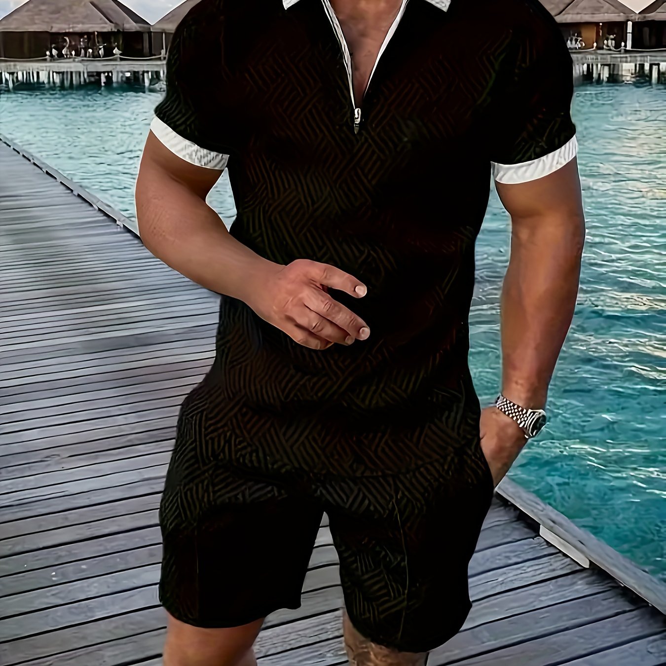 Men'S Tropical Print Casual Suit - Black Short Sleeve Zipper Shirt with White Pockets Shorts, Polyester, Machine Washable, Summer Beachwear, Summer Wear | Relaxed Fit Shirt | Woven Texture