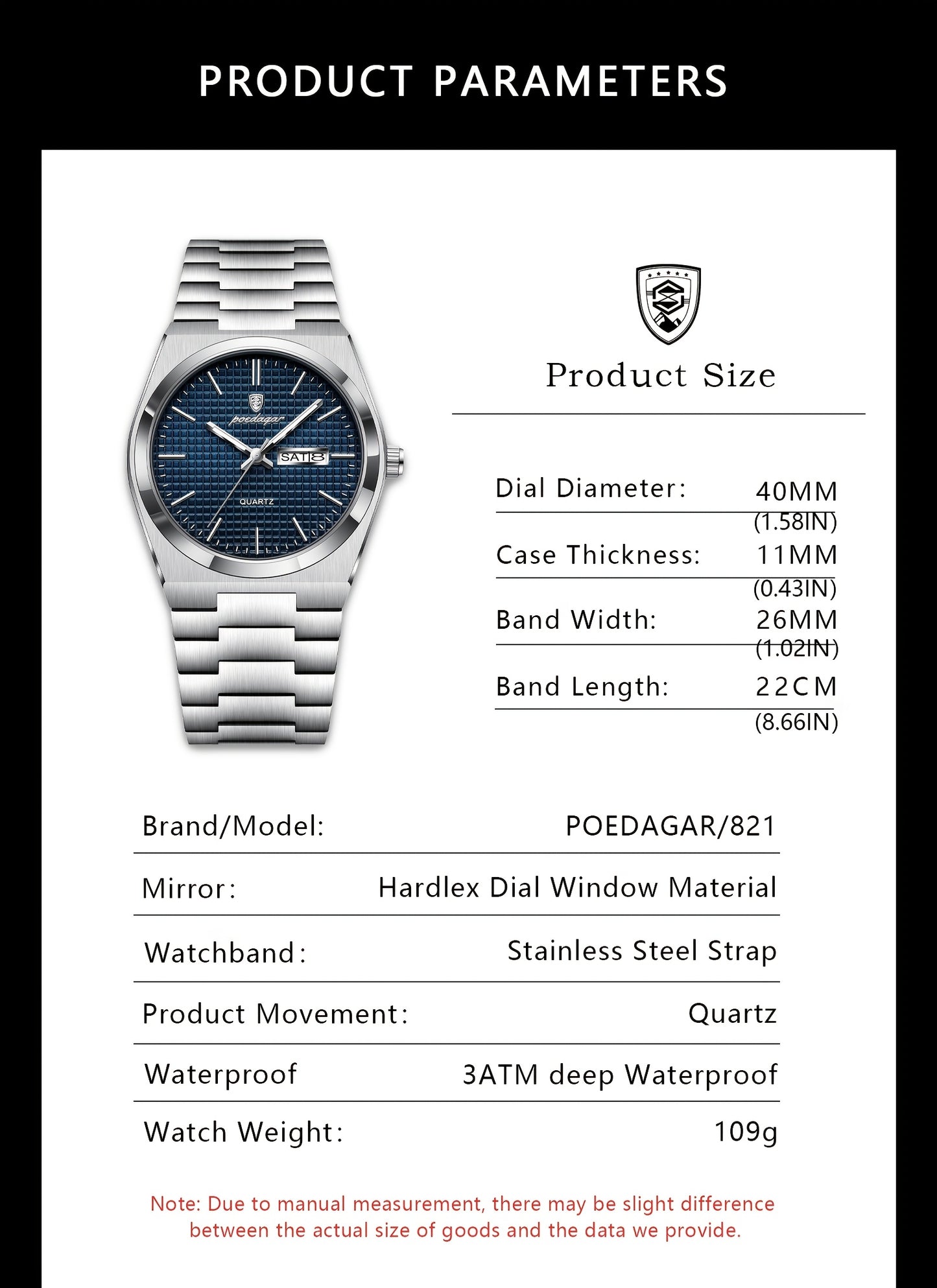 POEDAGAR Elegant Women'S Quartz Watch, Luminous Calendar, Stainless Steel Band, Round Alloy Case, Fashionable Night-Glowing Dial with Blue & Orange Accents