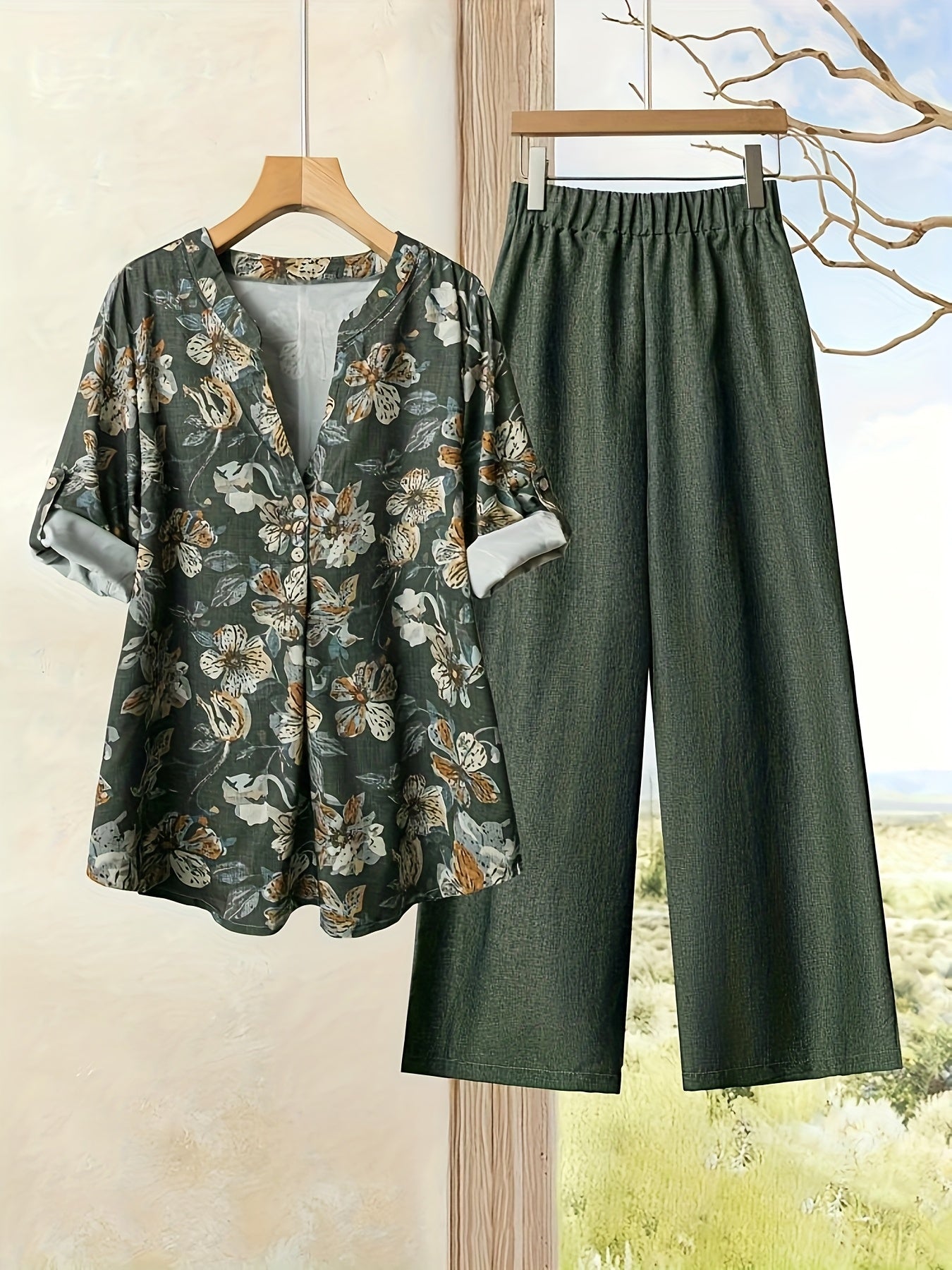 Elegant Floral Print Blouse & High-Waisted Pants Set - Chic Green & White Floral Top with Ruffled Sleeves, Button-Front Design, and Wide-Leg Pants for Spring/Summer, Spring Summer Outfit | Floral Print Blouse | Buttonfront Bl
