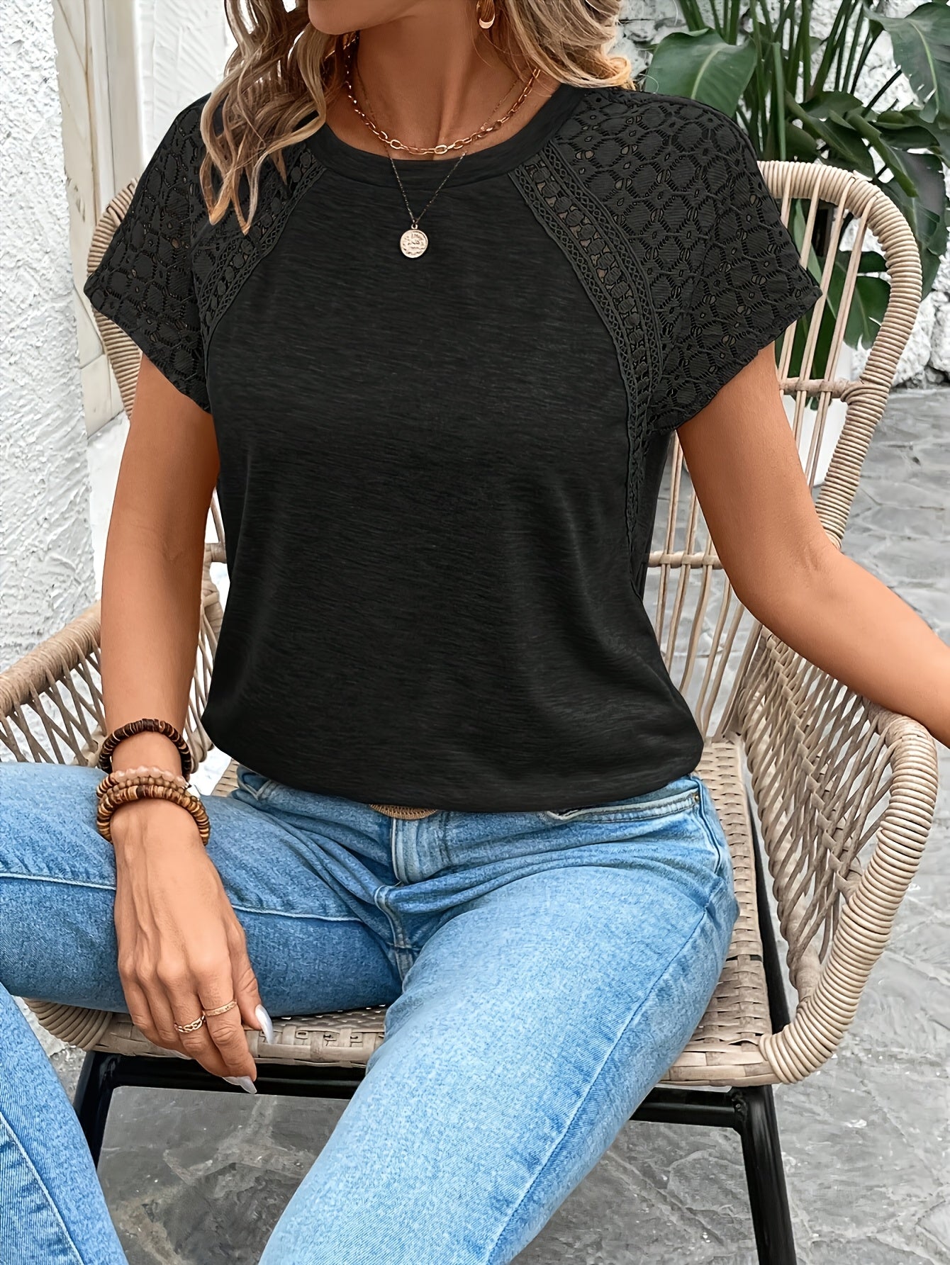 Women's Elegant Solid Color Lace Sleeve T-Shirt - Summer Casual Chic Blouse with Breathable Fabric, Machine Washable, Versatile for Casual & Formal Outfits, Cropped Tee Style | Soft Texture Top, Ladies T Shirts