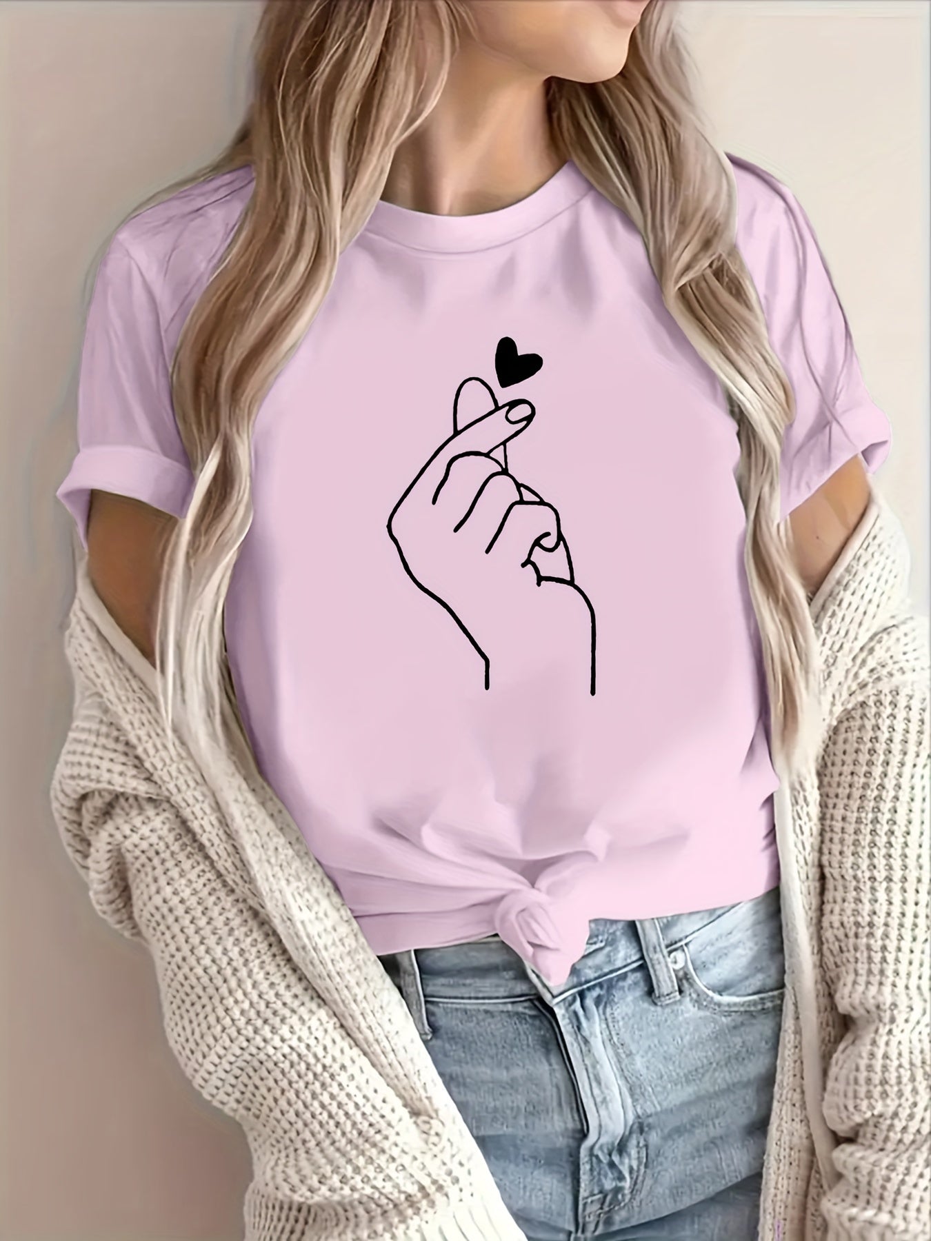 Finger Heart Print T-Shirt, Short Sleeve Crew Neck Casual Top For Summer & Spring, Women's Clothing