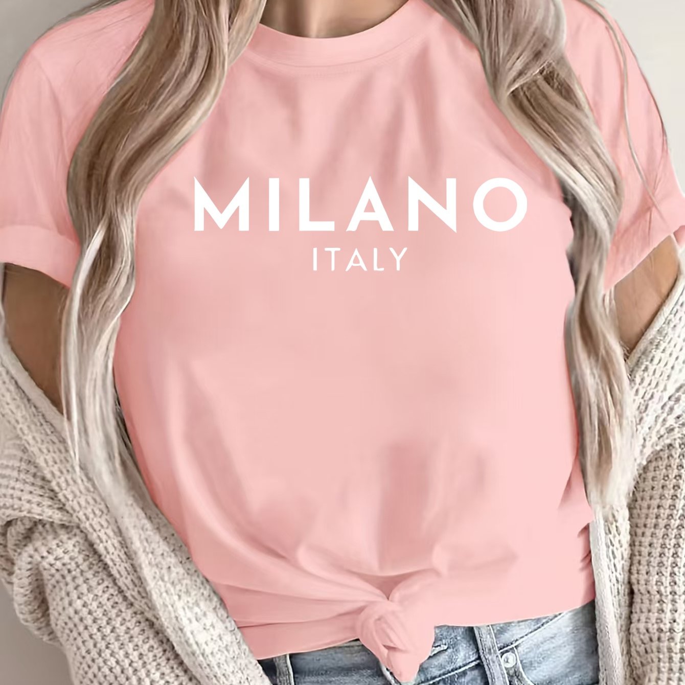 Women'S Casual Polyester T-Shirt with "Milano Italy" Letter Print, Short Sleeve Crew Neck Top, All-Season Knit Fabric Tee, Regular Length - 180gsm
