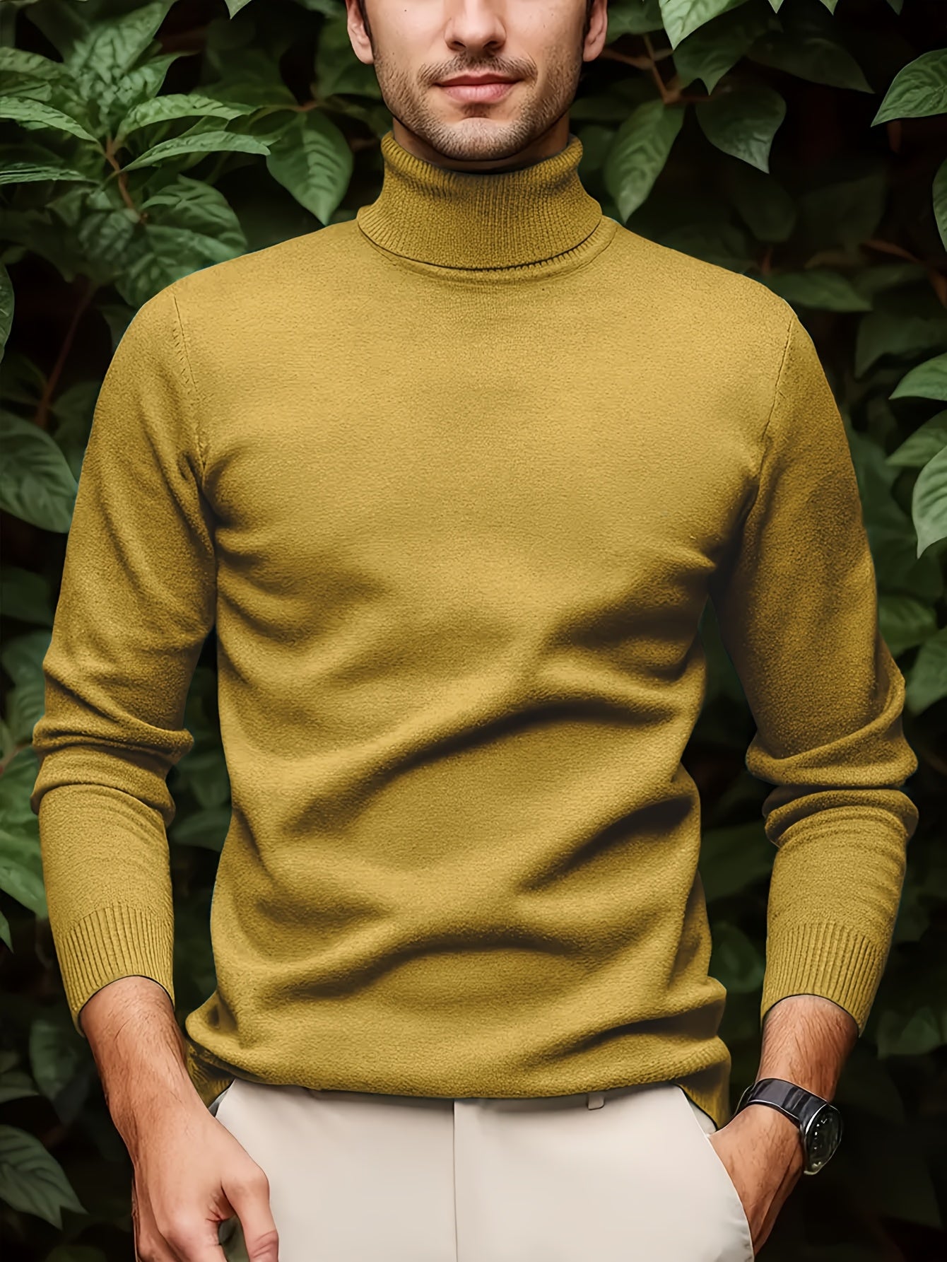 Men's Sleek Light Blue Turtleneck Sweater - Casual Knit Pullover with Ribbed Cuffs, Long Sleeves for Fall/Winter, Soft Viscose Blend