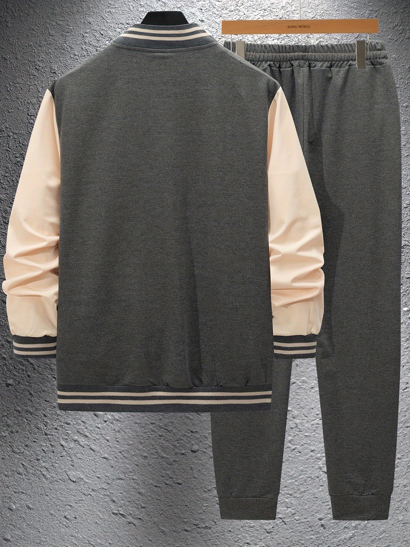 Men's Casual Baseball Jacket & Pants Set - Color Block, Polyester, Button-Up with Belt Detail for Spring/Fall