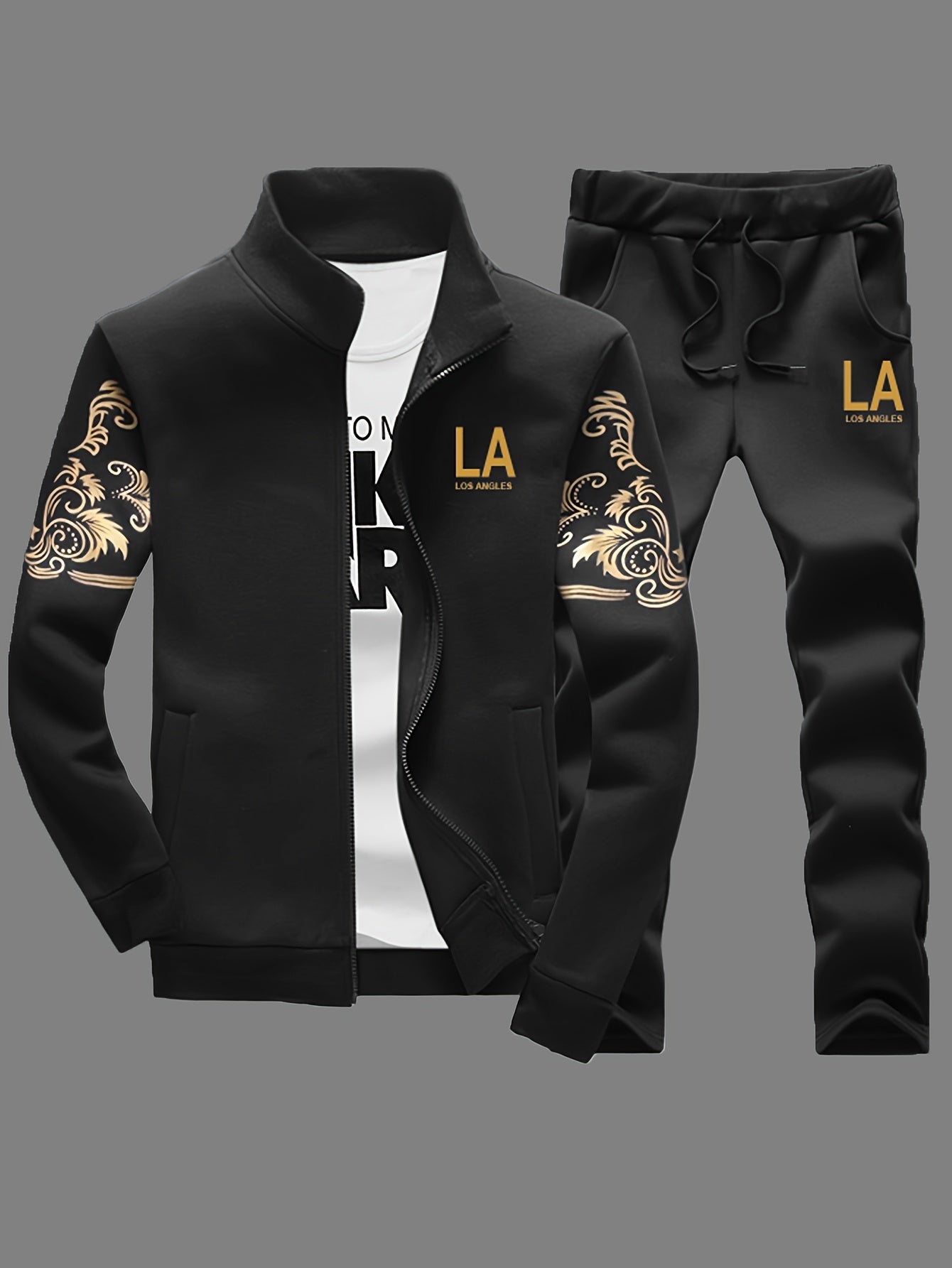 Men's Casual 2-Piece Outfit, Stylish Printed Full Zip Jacket & Drawstring Pants, Casual Sportswear Suit
