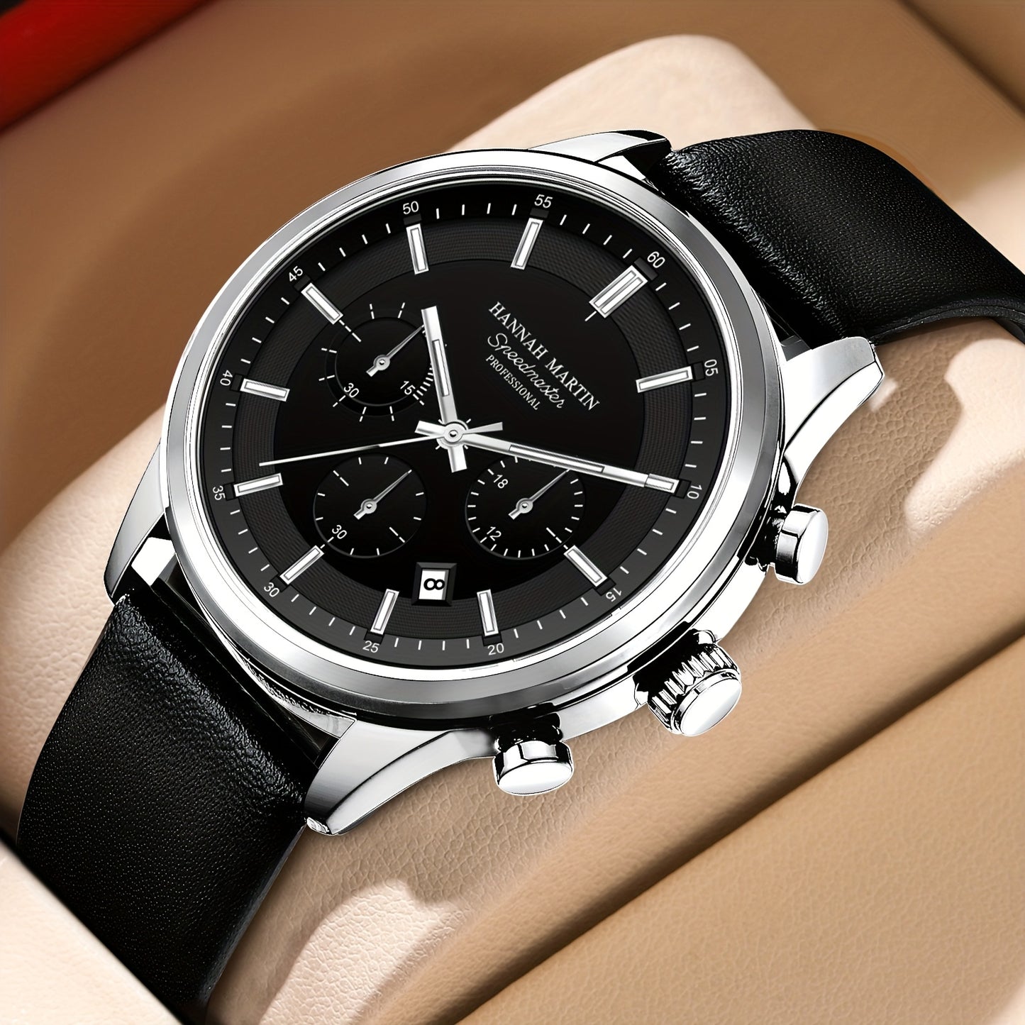 HANNAH MARTIN Men's 2025 Business Chronograph Watch - Black Arabic Numeral & Bar Markers, Date/Second Time Zone, Quartz Movement, Faux Leather Strap, High Quality 30m, Casual & Formal Watch for Casual Attire, Versatile Timepi