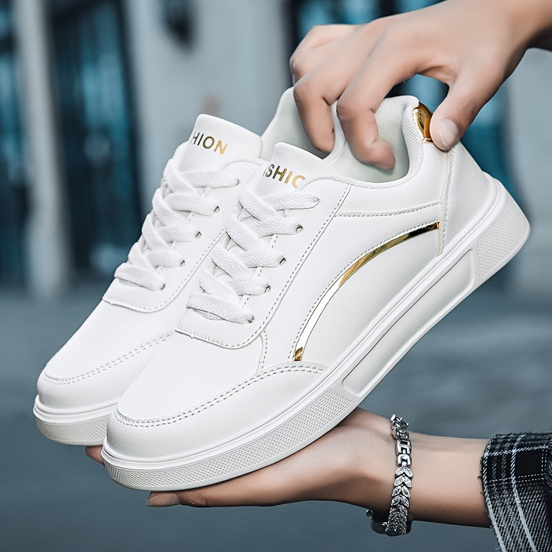 Youngsters' Fashion Sneakers - White PU Upper with Golden Accents, Comfortable & Lightweight Casual Running Shoes for Boys and Girls, All-Season Wear, Low-Top Lace-Up Design, Outdoor Youngsters's Footwear | Fabric Lined Inter