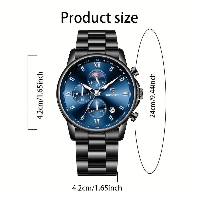 LIGE Black Blue Quartz Watch with Calendar, Exquisite & Simple Dial Stainless Steel Strap Multiple Colors High-quality Wrist Watch