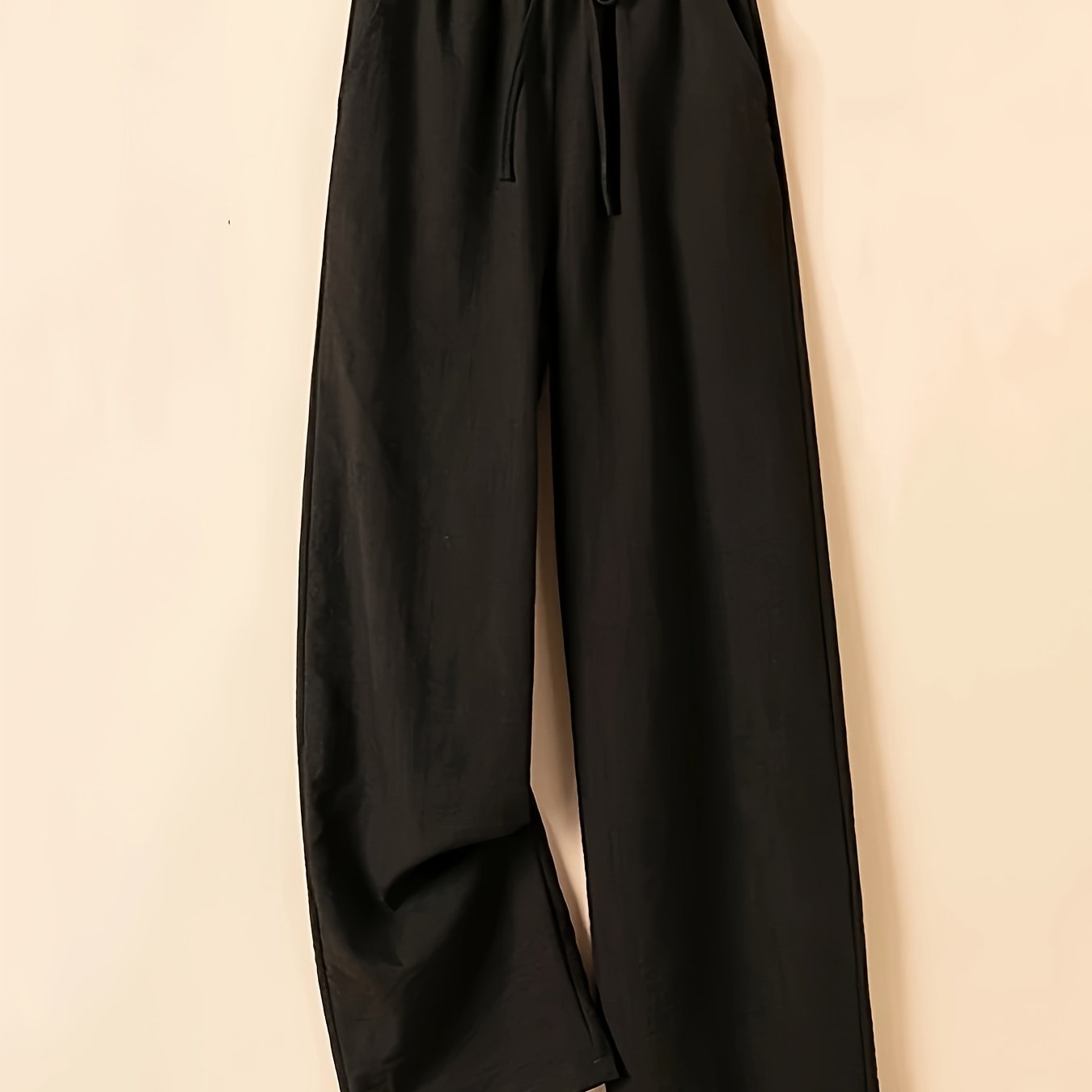 Women's Comfortable High-Waist Drawstring Wide-Leg Pants - Soft Polyester, Black, Relaxed Fit, Machine Washable, Casual Style for Casual Attire, Everyday Comfortable Wear | Relaxed Fit Pants | Glossy Finish