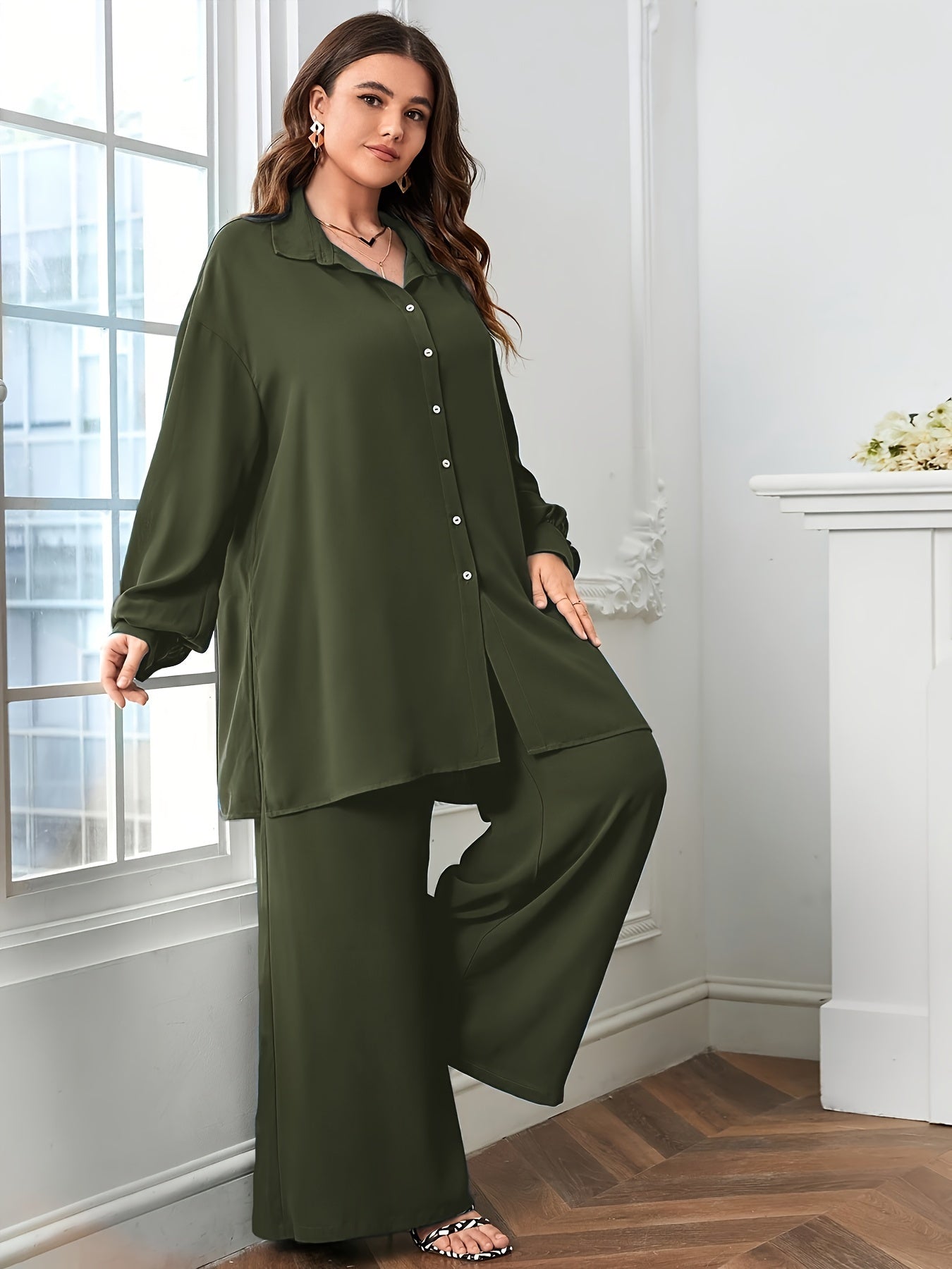 Elegant Plus Size Women'S Two-Piece Set: Stylish V-Neck Blouse & Wide Leg Pants - Perfect for Formal Occasions, Plus Size Blouses