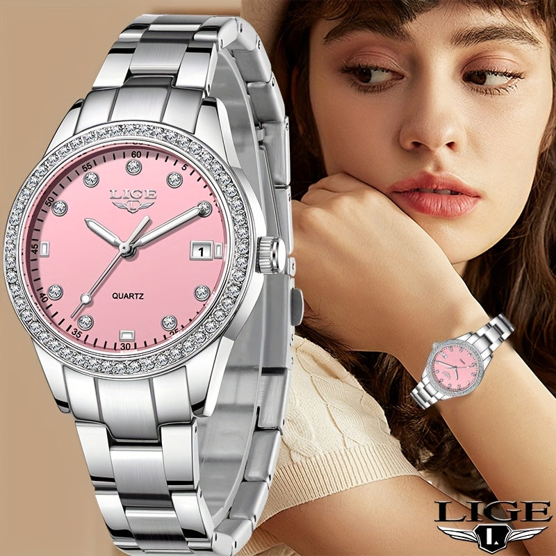 Elegant Pink Women'S Watch - LIGE Quartz Chronograph with Stainless Steel Band, Rhinestone Accents, Date Display & Heart Rate Monitor - Ideal Mother'S Day Gift, Gift for Women | Elegant Timepiece | Quartz Movement, LIGE