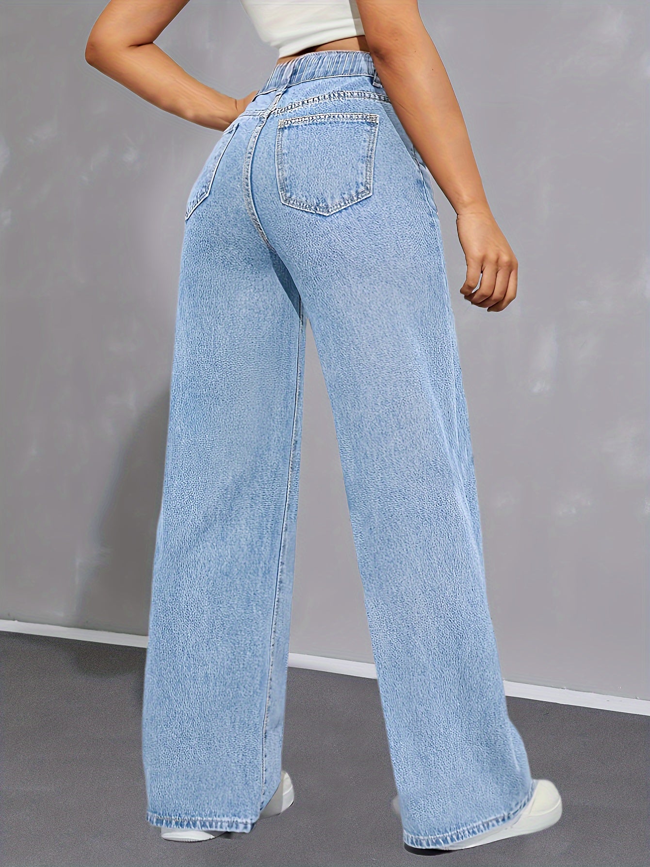 Women's High-Waist Light Blue Denim Wide-Leg Jeans with Elastic Waistband - Casual, Non-Stretch, Button Closure, Perfect for All Seasons