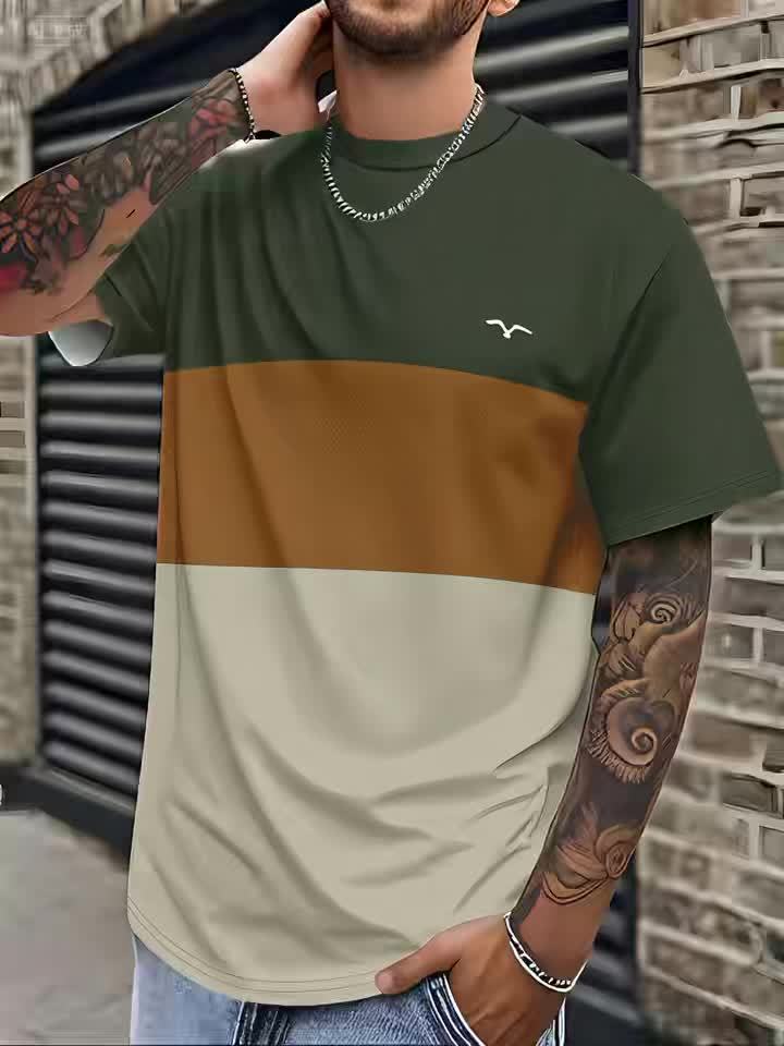 Men's Modern Fit T-Shirt - Dark Green to Beige/Ochre Color Transition, Machine Washable Casual Everyday Shirt for Parties & Outings - Non-Transparent Fabric, Horizontal Stripe Design, Comfortable Fit Tee, Outing Attire, Trend