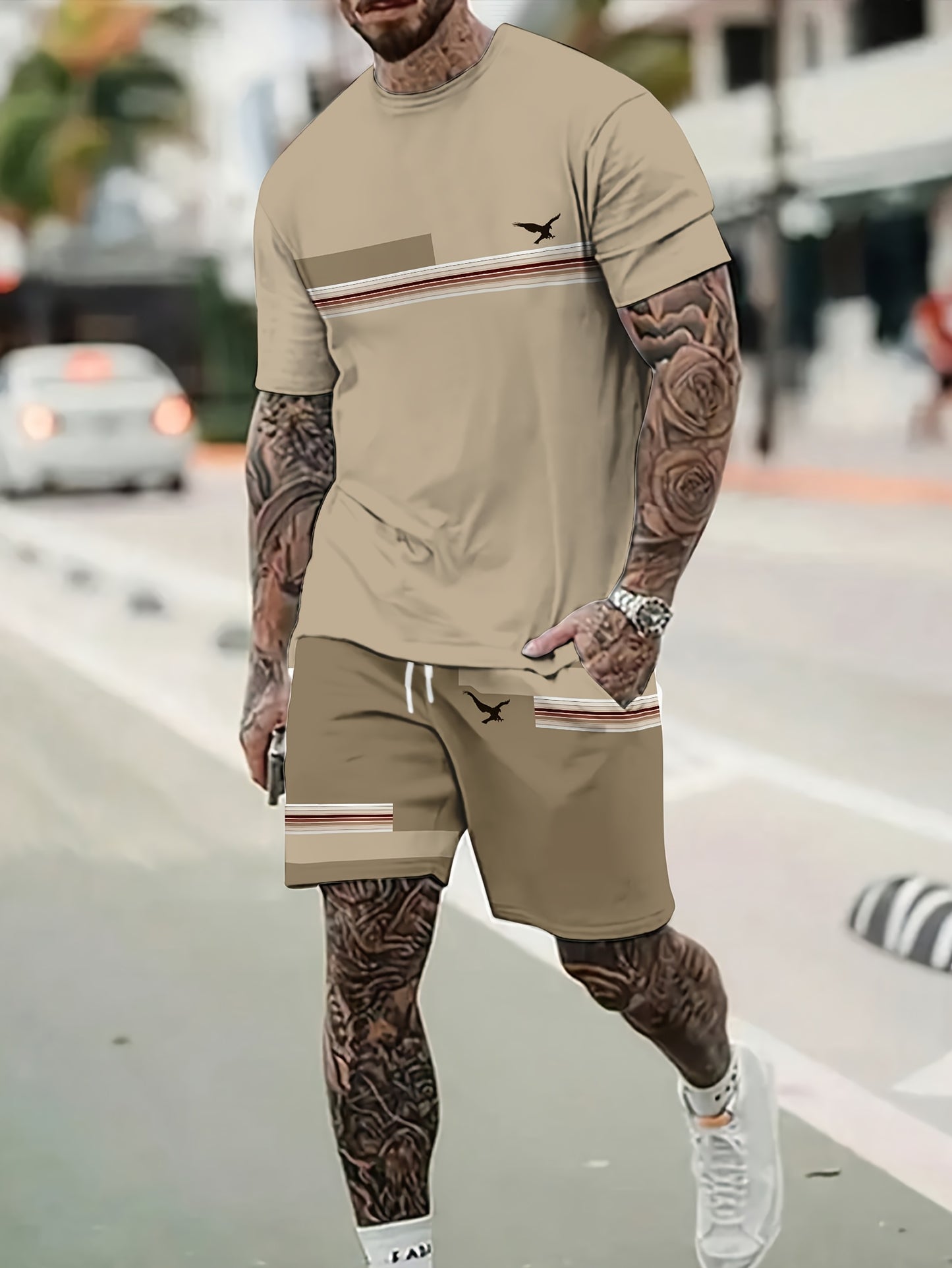Men'S Casual Summer Two-Piece Athletic Wear Set - Light Blue T-Shirt with Green & White Stripes, Matching Shorts, Perfect for Daily Leisure, Vacation, and Sports, Casual Sportswear | Relaxed Fit Shorts | Stretchable Fabric