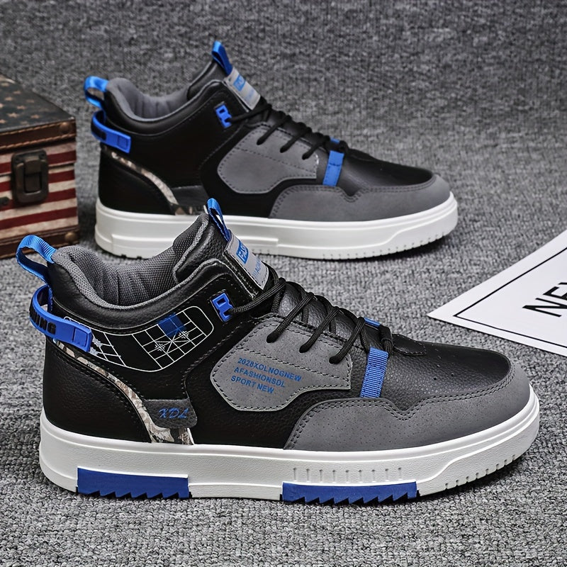 Men's Skate Shoes with Good Grip & Breathable Design - PU Upper, Cushioned PVC Sole, Black/Blue Letter Pattern Lace-Up Sneakers for All-Season Casual & Sports Wear, Allseason Shoes | Modern Casual Shoes | Comfortable Wear