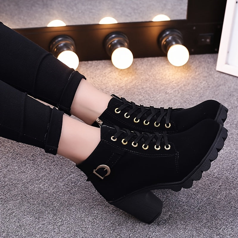 Women's Chunky platform heel Boots - Lace-up closure, Faux Cover Round-toe boots with, Thick Platform Sole for Dresses, Jeans, Party Outfits - All-Season Everyday & Formal Shoes, Stylish Outfit Additions, Side Zipper Detail,