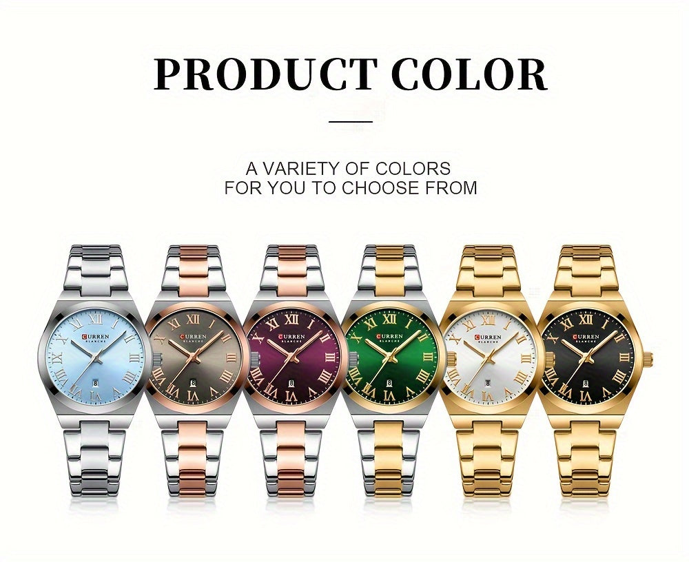 Fashionable Brand Of CURREN Ladies' Watches With A Casual And Simple Stainless Steel Strap, Featuring A Calendar And Quartz Movement.
