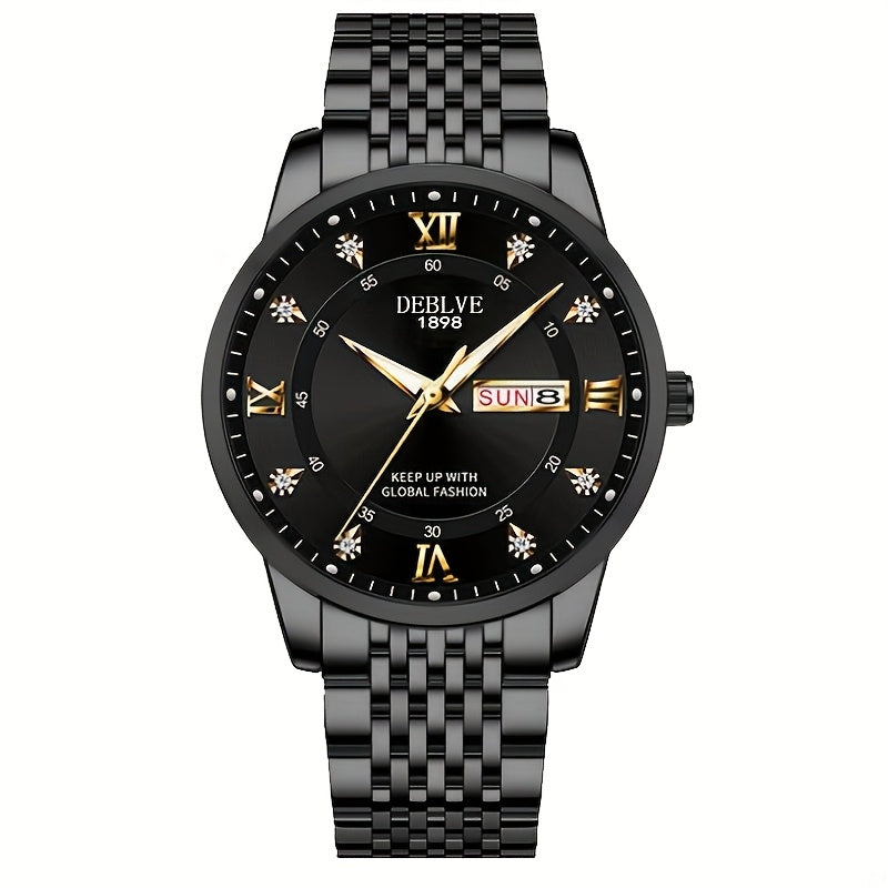1pc Men'S Business Style Roman Dial Quartz Watch with Luminous Date and Day Display, Stainless Steel Alloy Strap, IPX7 Waterproof, Battery Operated, Elegant Fashion Accessory + Box