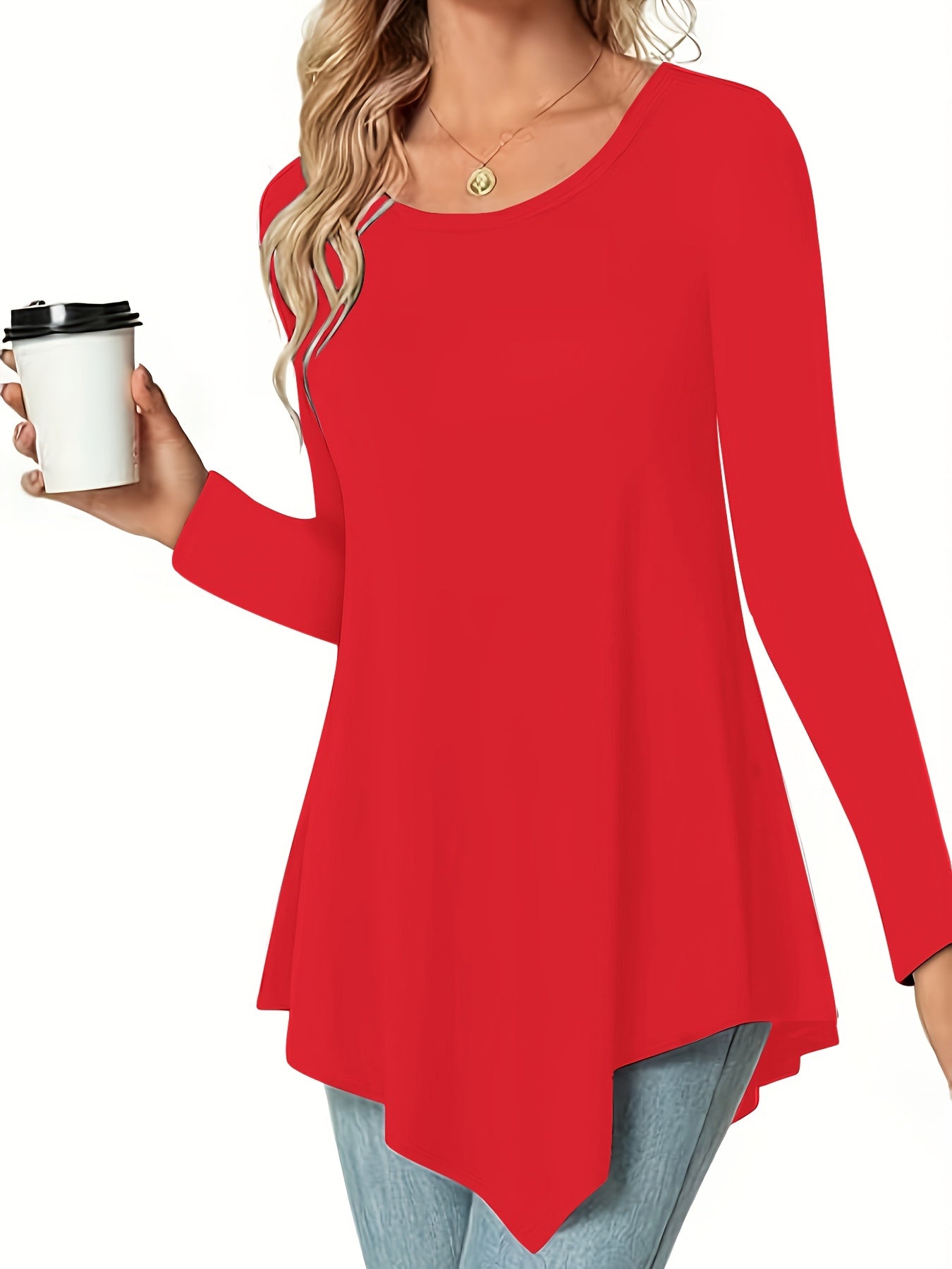Women's Casual Long Sleeve Tunic Top, Polyester 95% Spandex 5% Knit Fabric, Solid Color Crew Neck Blouse for Spring/Summer/Fall, Spring Summer Blouse|Tunic Style|Solid Color Top