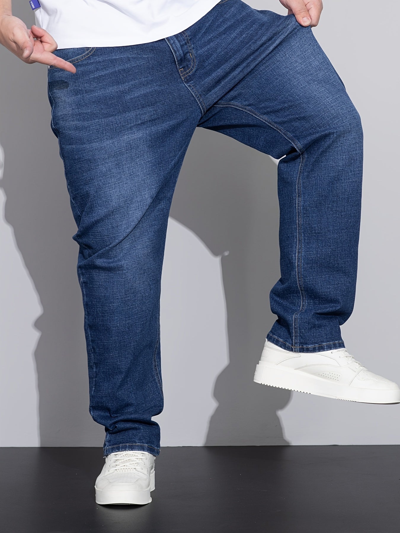 Men's Plus Size Loose Fit Stretchy Cotton Denim Pants, Lightweight Business Casual Jeans For All Seasons