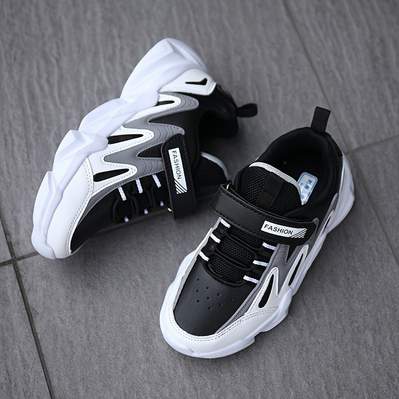 Youngsters' Lightweight Sporty Casual Sneakers with Closure, Geometric Color-Block Design, PU Upper & EVA Sole for Winter/Autumn - Breathable Fabric Lining, Grey & White, Winter Youngsters Footwear | Durable EVA Sole, Girls S