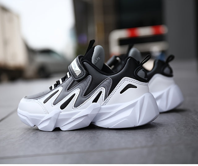 Youngsters' Lightweight Sporty Casual Sneakers with Closure, Geometric Color-Block Design, PU Upper & EVA Sole for Winter/Autumn - Breathable Fabric Lining, Grey & White, Winter Youngsters Footwear | Durable EVA Sole, Girls S
